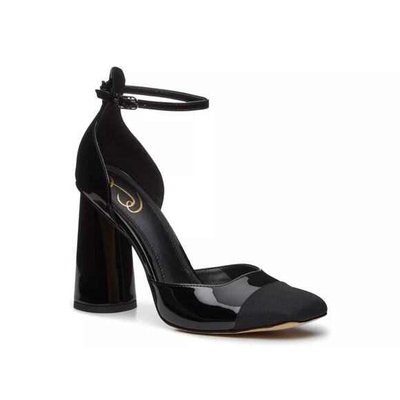 Sam Edelman Womens 9.5 Black Patent Heels Cristine Ankle Strap Closed NEW - Picture 1 of 9